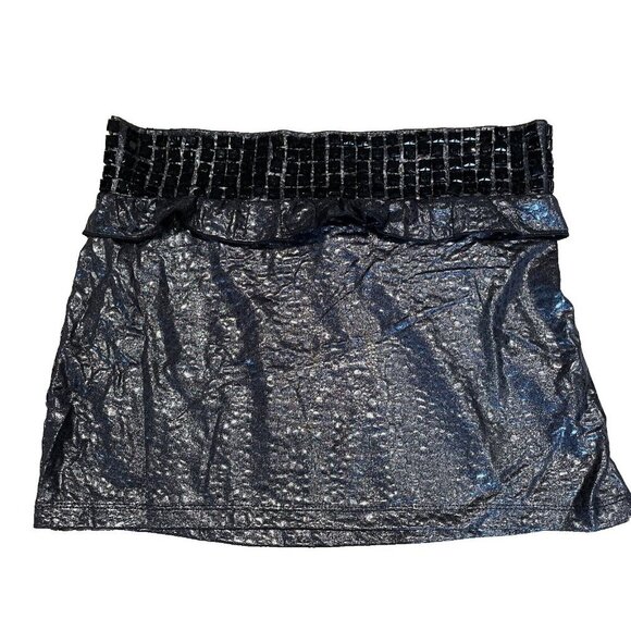 VTG Y2K BEBE  Metallic Mini Skirt Womens Small Silver Reptile Stretch Disco 90s - Picture 1 of 9